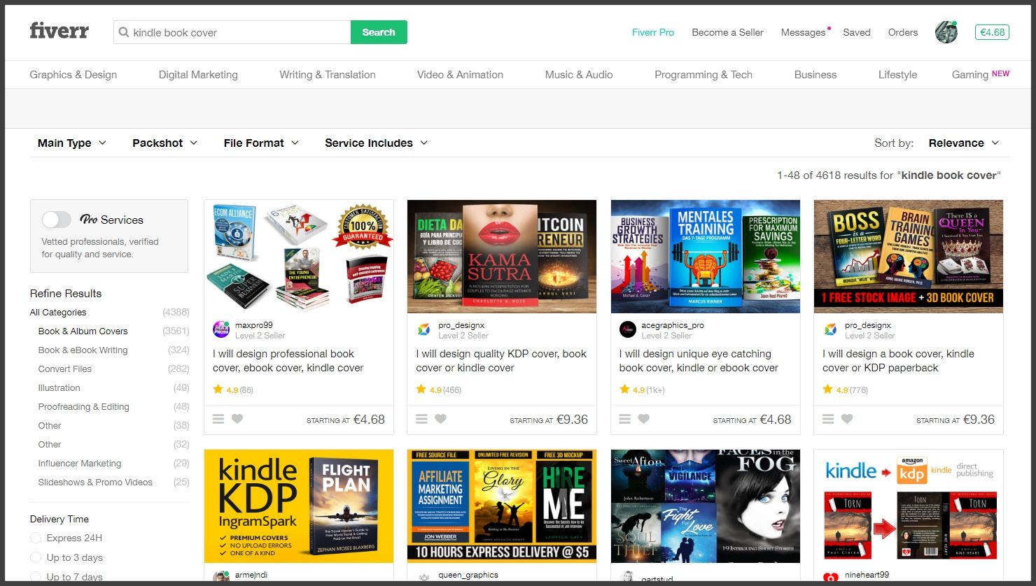 Jak zarabiać na Fiverr? Na obrazku przykładowe oferty z okładkami dla eBooków na Amazon Kindle