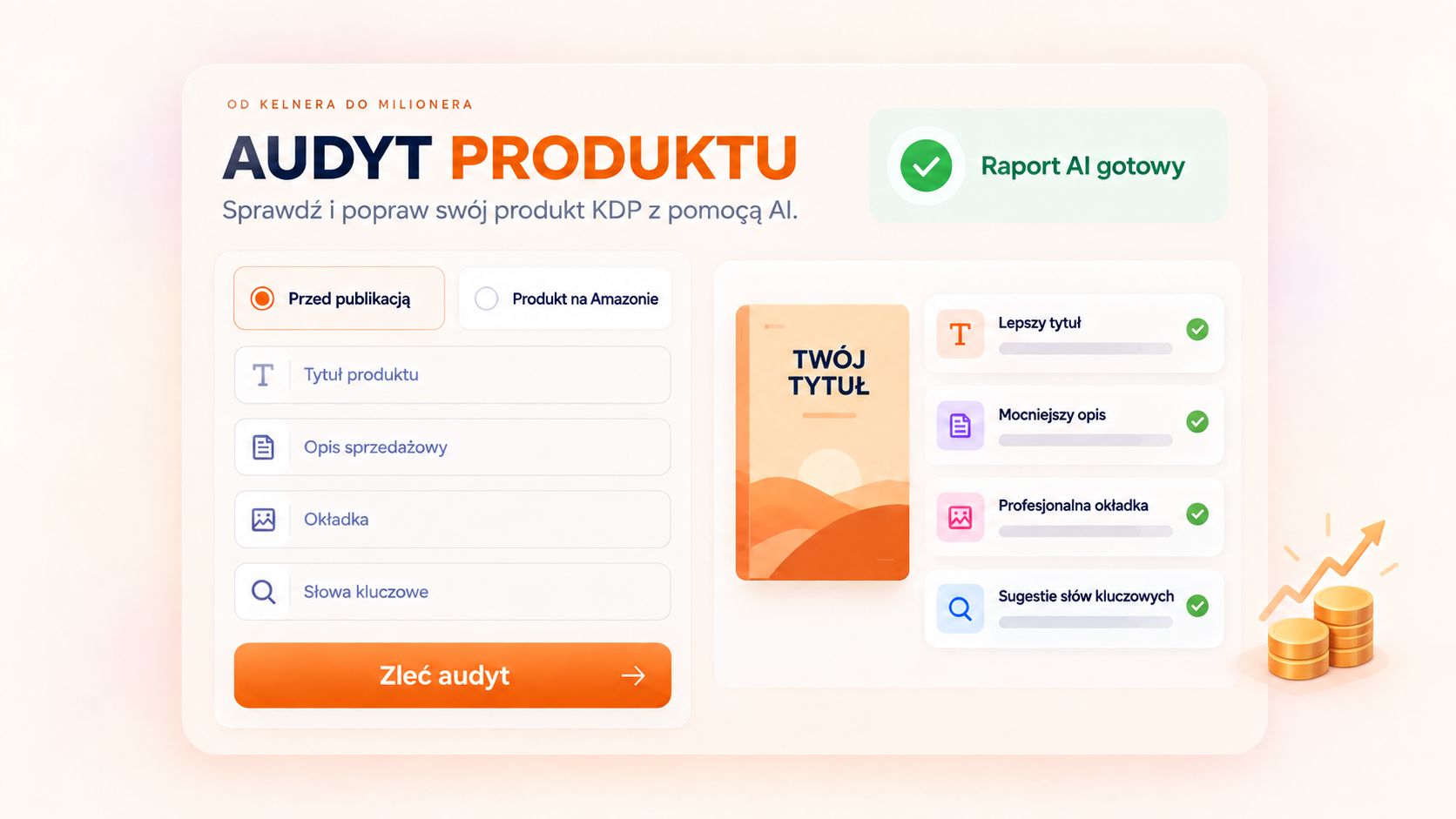 Grafika prezentująca audyt produktu i przykładowy układ raportu AI.