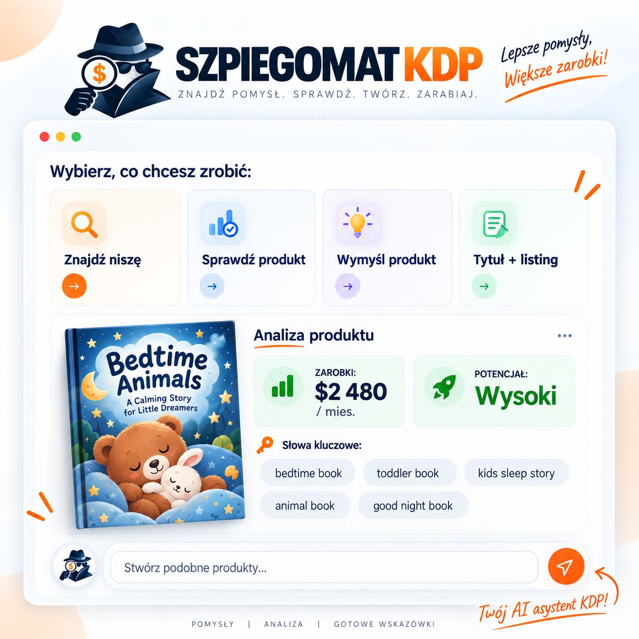 Grafika prezentująca funkcje Szpiegomatu KDP i analizę produktu.