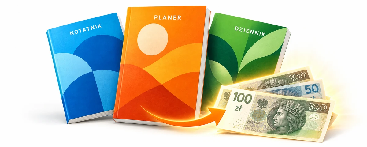 Trzy kolorowe zeszyty i strzałka prowadząca do polskich złotych — darmowy webinar Amazon KDP